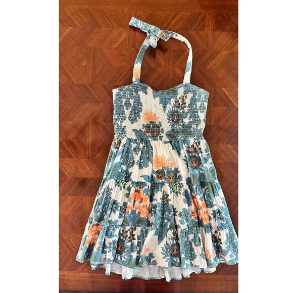 Forever That Girl Floral Smocked Halter Sundress Blue Orange Size S - Picture 13 of 16